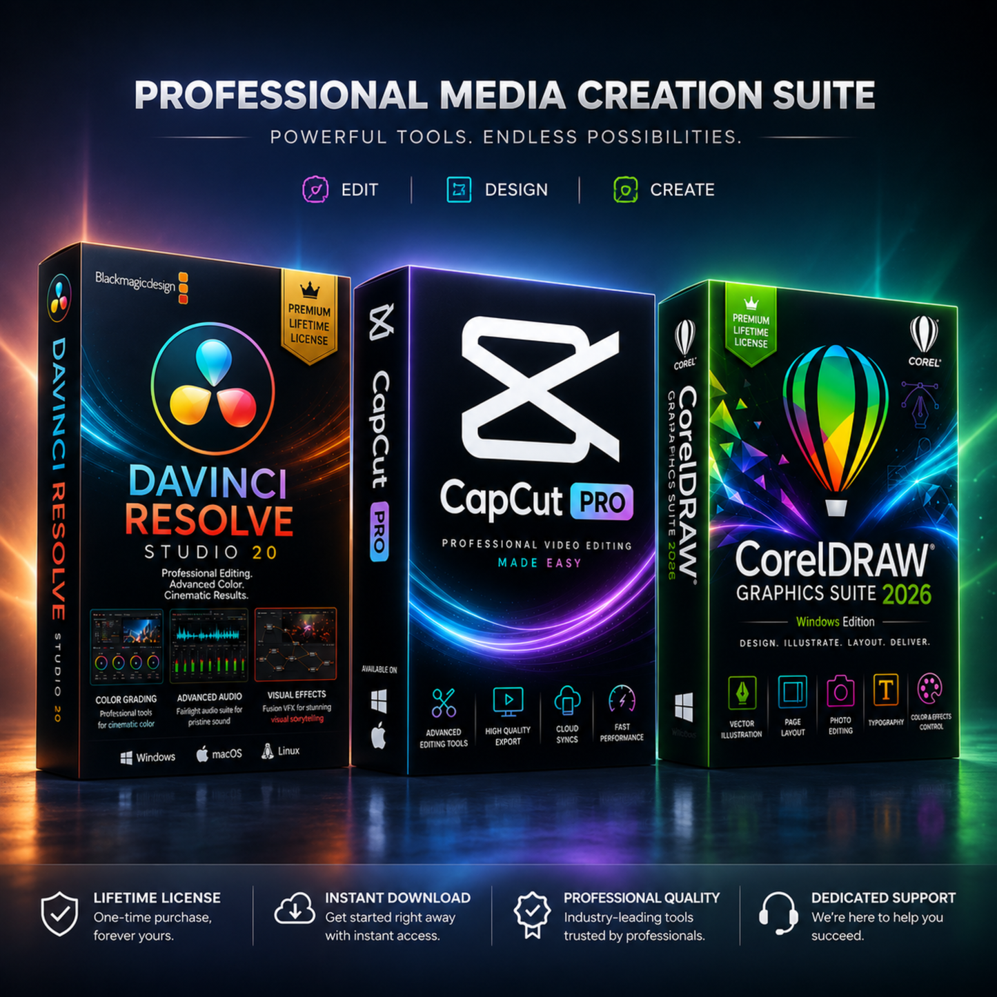 Professional Media Creation Pack | DaVinci Resolve Studio 20 + CapCut Pro + CorelDRAW 2026
