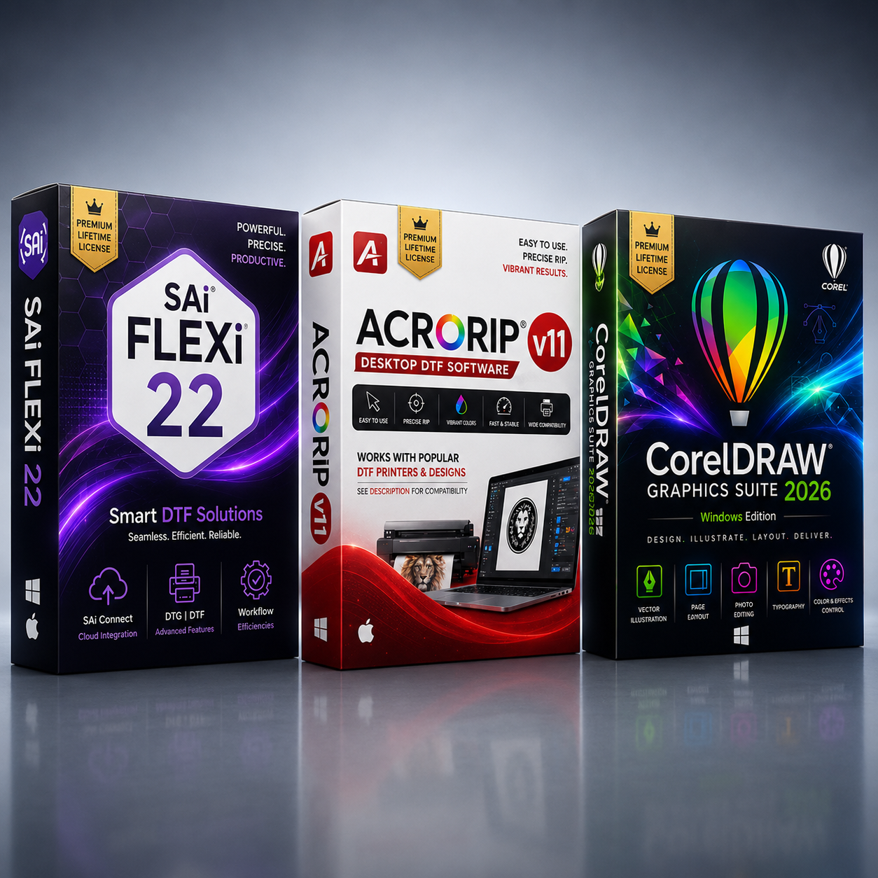 Professional DTF Printing Pack | SAi Flexi 22 + ACRORIP v11 + CorelDRAW 2026